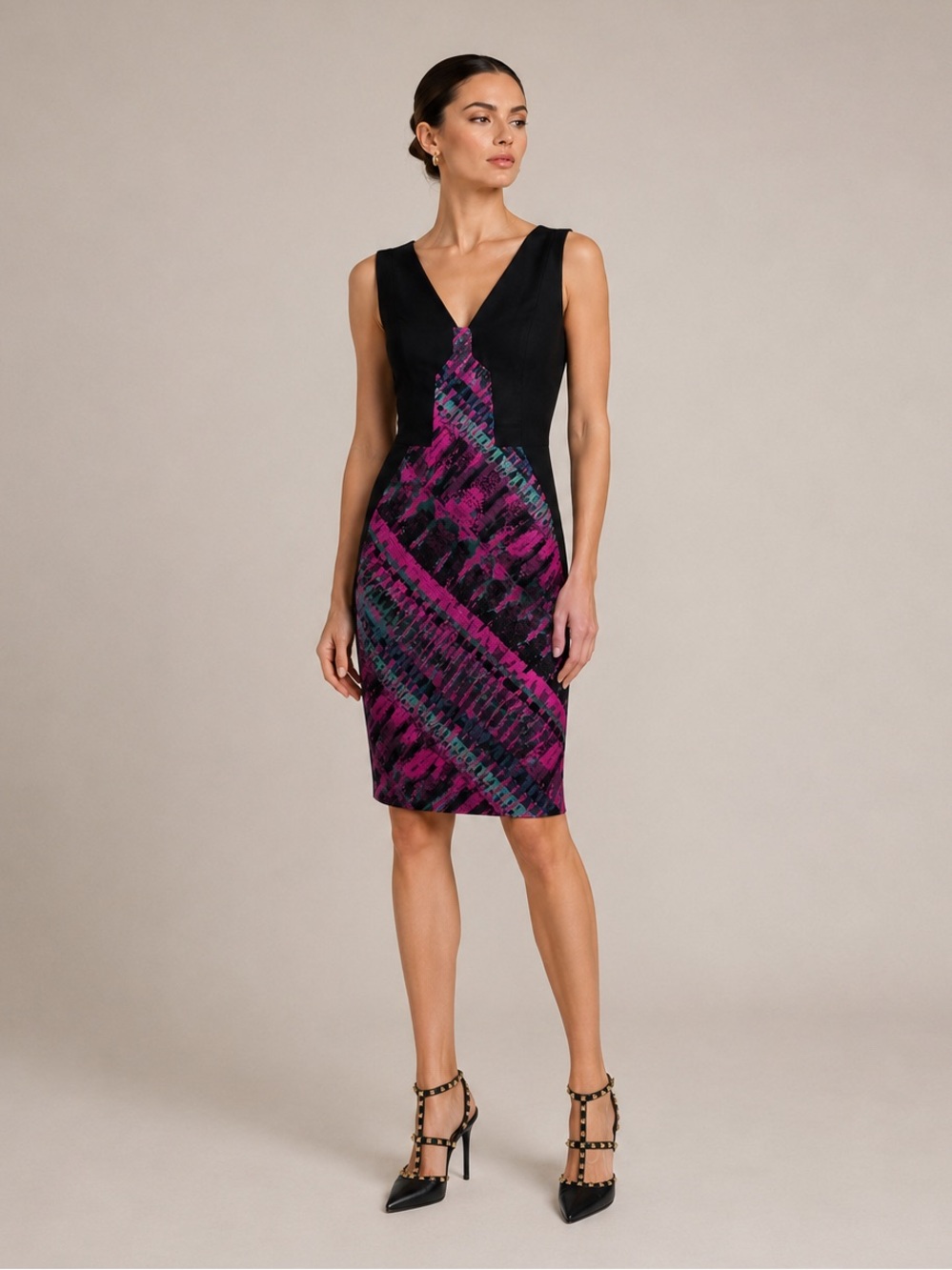J Mendel Paris Dress Silk Print Sheath 4 Pink Black